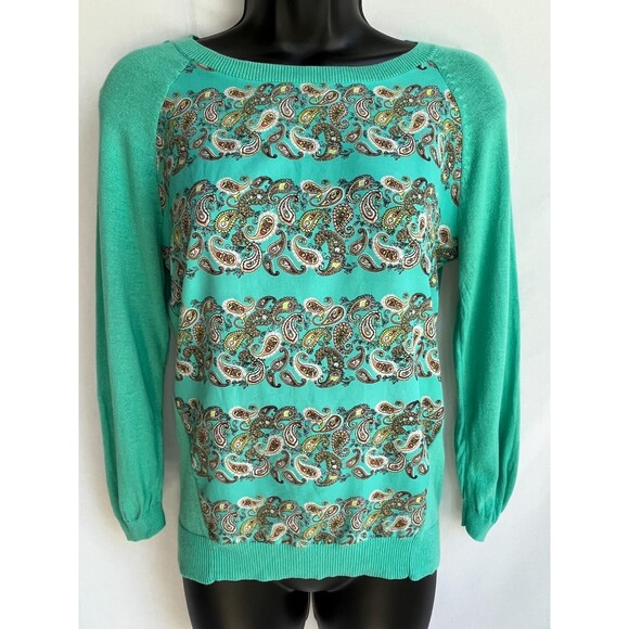 Moth Anthropologie Sweater Top Paisley Print Knit Mix Media Mint Green XS Quirky - Picture 1 of 10